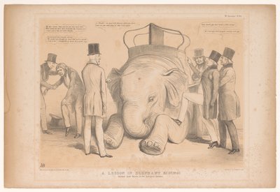 Spotprent over de aanstelling af Henry Hardinge som guvernør i Indien En lektion i elefantridning! Studeret fra Nature in the Zoological Gardens (titel på objekt) HB Sketches (serietitel på objekt) af John Doyle