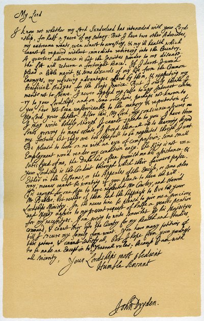 Brev fra John Dryden til Laurence Hyde, c1682-1683. af John Dryden