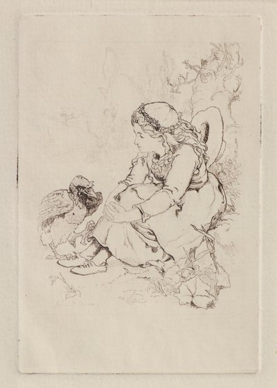 Siddende pige og stor fugl (ætsning) af John Duncan