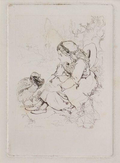 Siddende pige og stor fugl (ætsning) af John Duncan