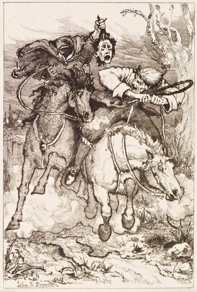 To galopperende ryttere [den ene bærer sit eget hoved] (ætsning) af John Duncan