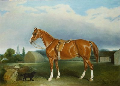 En kastanjejæger og en spaniel ved landbrugsbygninger af John E. Ferneley