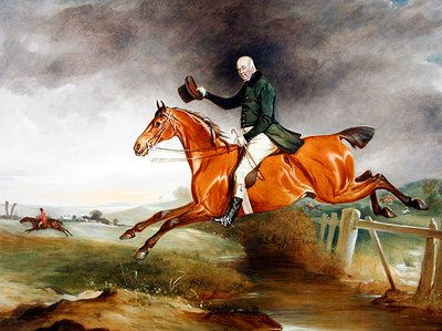 Portræt af George Marriott på sin bugtjæger, der tager et hegn med en jagt udenfor af John E. Ferneley