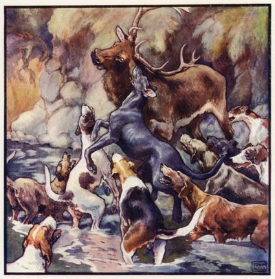 En enorm kamp finder sted, hele flokken er over ham (farve litho) af John Edwin Noble