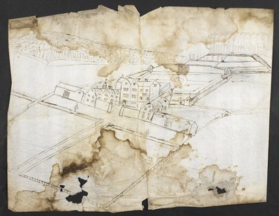 Tilføje. 78610 (i) Prospect of Wotton med haven, grotten og omegn fra nordvest, ca. 1650 (pen og blæk på papir) af John Evelyn