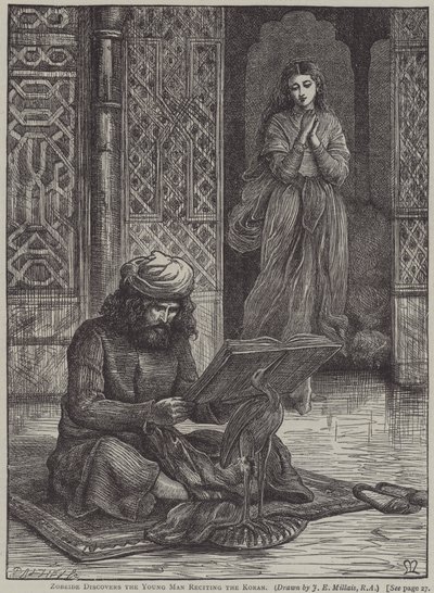 Zobeide opdager den unge mand, der reciterer Koranen (gravering) af John Everett (after) Millais