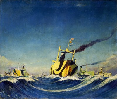 "En konvoj af skibe, hvis skrog er dækket af mønstre, der blev brugt til camouflage under Første Verdenskrig. af John Everett