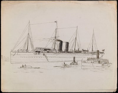 PAH1225; Dampskib nær en kyst med slæbebåd ved siden af. Passagerskib med slæbebåd og hjuldamperen Tilbury i nærheden (tegning) af John Everett