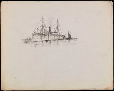PAH1225; Dampskib nær en kyst med slæbebåd ved siden af. Passagerskib med slæbebåd og hjuldamperen Tilbury i nærheden (tegning) af John Everett