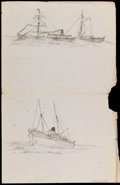 PAH1228; Skitser af et slagskib og to andre fartøjer fra Royal Navy (tegning) af John Everett