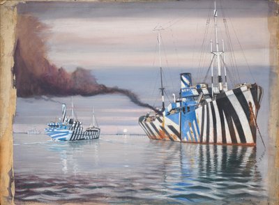 S.S. Lepanto og et andet dampskib, begge blændende malet, opankret i roligt vand af John Everett