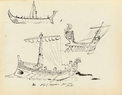 Skitser af tidlige fartøjer, herunder et romersk sejl- og årefartøj og Odysseus