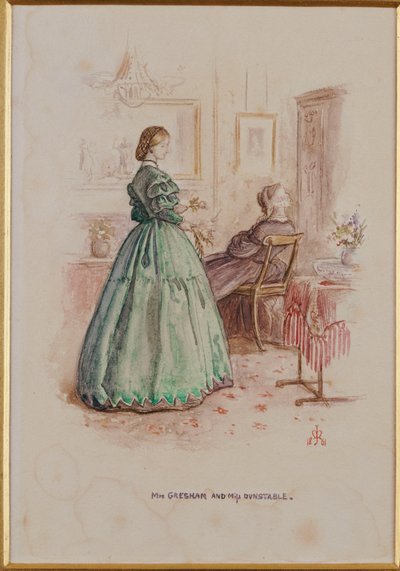 Mrs. Gresham og Miss Dunstable: En illustration til "Framley Præstegård", 1861 af John Everett Millais