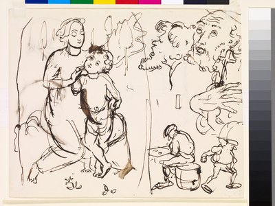 Ark med studier, der karikerer den postraphaeleske stil, 1853 af John Everett Millais