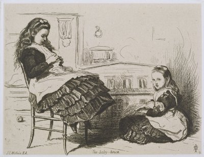 The Baby House, nummer 9 fra en serie af raderinger for Art Union of London af Etching Club (ætsning på Indien prøvepapir lagt på vævet papir) af John Everett Millais
