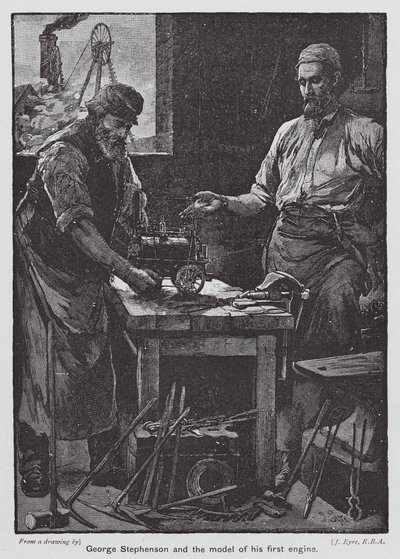 George Stephenson og modellen af hans første motor (farvelitografi) af John Eyre