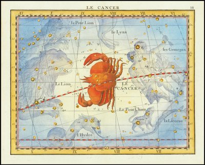 1776 kort over stjernebilledet Krebsen og de omkringliggende stjernebilleder, fra Fortins Atlas Celeste de Flamsteed af John Flamsteed