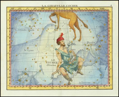 1776 stjernekort over konstellationerne Camelopardal  Auriga og nabokonstellationer, fra Fortins Atlas Celeste de Flamsteed af John Flamsteed