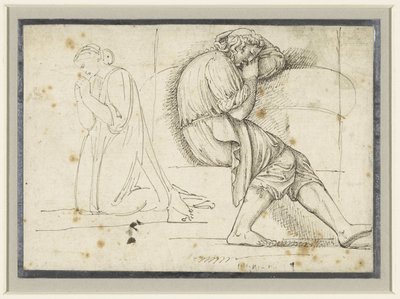 Studieark med en sovende ung mand og en knælende bedende kvinde af John Flaxman (II)