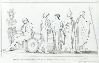 Agamemnon anklagede herolderne Taltibius og Euribat for bortførelsen af Briseis; Achilles fik den overgivet til deres hænder af Patrocles. Tegning af John Flaxman (1755 - 1826). Homers Iliaden. Synger I af John Flaxman