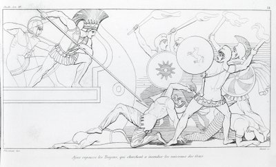 Ajax frastøder trojanerne, der søger at brænde de græske skibe. Tegning af John Flaxman (1755 - 1826). Homers Iliaden. Sang XV. af John Flaxman