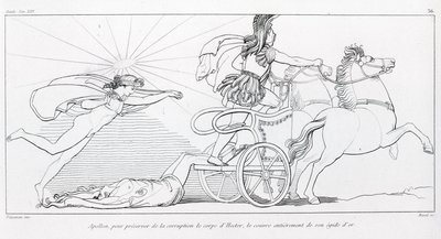 Apollo, solens gud, for at bevare Hectors krop dækker ham fuldstændigt med hans gyldne aegis. Sang XXIV. Tegning af John Flaxman (1755 - 1826). Homers Iliaden. af John Flaxman