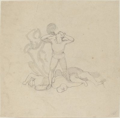 Figur stående over lig, blæser et horn af John Flaxman