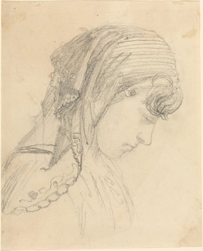 Hovedet af en kvinde i et tørklæde, der kigger ned af John Flaxman