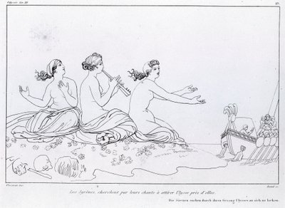 Havfruer søger ved deres sang at tiltrække Ulysses. Tegning af John Flaxman (1755 - 1826). Homers Odyssé. Sang XII. af John Flaxman