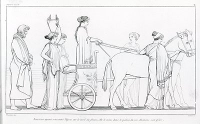 Nausicaa, som lige har mødt Ulysses, tager ham med tilbage til sin fars palads, kong Alkinoos. Tegning af John Flaxman (1755 - 1826). Homers Odyssé. Sang VI. af John Flaxman
