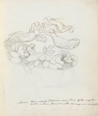 Oberon. Der sover Titania, et tidspunkt om natten..., 1783 (pen, blæk og vask på papir) af John Flaxman