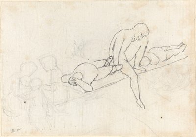 Siddende mand flankeret af to liggende figurer; Samling af figurer i nederste venstre hjørne af John Flaxman