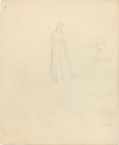Stående kvindefigur ser på liggende og siddende figurer af John Flaxman