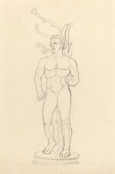Statue af en mandlig nøgen foran et træ af John Flaxman