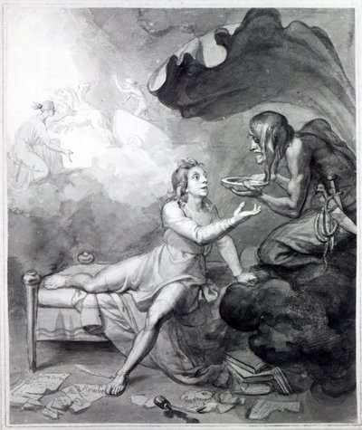 Thomas Chatterton modtager en skål med gift fra Despair (pen, blæk og vask på papir) af John Flaxman
