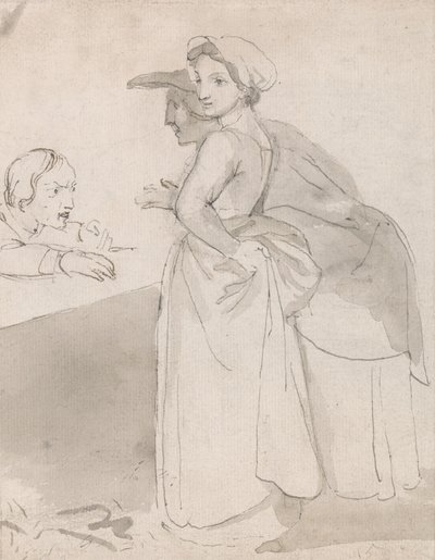 To kvinder taler med en mand ved en skranke af John Flaxman
