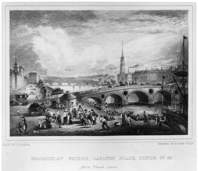 Broomielaw Bridge, Carlton Place, Clyde St., Glasgow, indgraveret af Joseph Swan, 1830 (gravering) af John Fleming