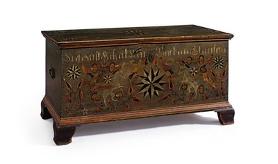 Dekoreret tæppekiste lavet til Barbara Stauffer, Rapho Township, Lancaster County, Pennsylvania, USA, 1799 af John Flory
