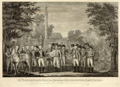 Briterne overgav deres våben til general Washington efter deres nederlag ved York Town i Virginia oktober 1781, pub. 1819 (gravering) af John Francis (after) Renault