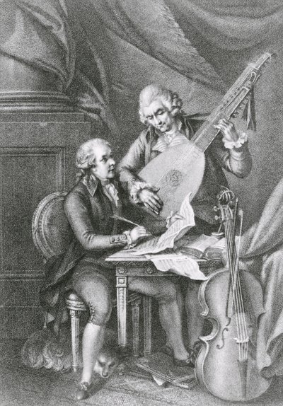 Portræt af Franz Joseph Haydn (1732-1809) og Wolfgang Amadeus Mozart (1756-91), der komponerer musik for lut, indgraveret af Michele Benedetti (1745-1810) af John Francis Rigaud