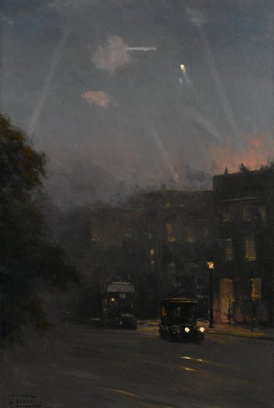 Et Zeppelin-angreb, 8. oktober 1915, ca. 1915-18 (olie på lærred) af John Fraser