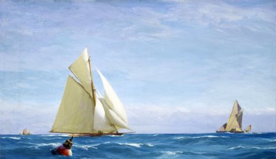 En stor sejlbåd og en pram på Themsen ud for en havn. Olie på lærred, ca. 1910, af John Fraser (1858-1927). af John Fraser
