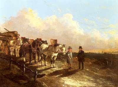 En tømmervogn standset på en vej i skumringen af John Frederick Herring Jnr