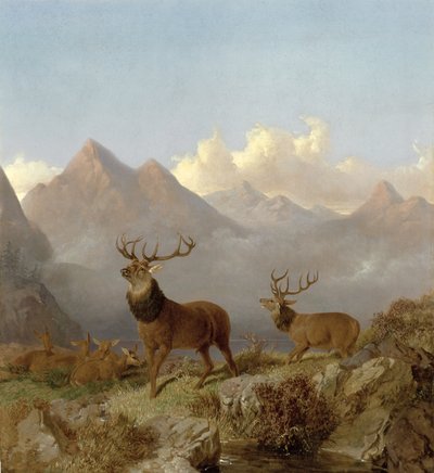 Detalje af hjorte og hinde i et højlandslandskab, 1864 af John Frederick Herring Junior