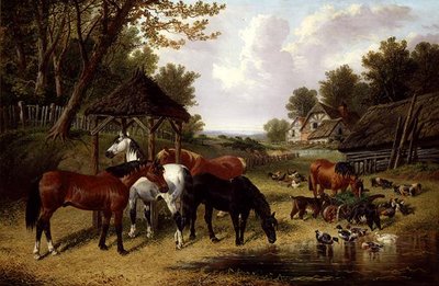 Heste ved en gårddam (olie på lærred) af John Frederick Herring Senior