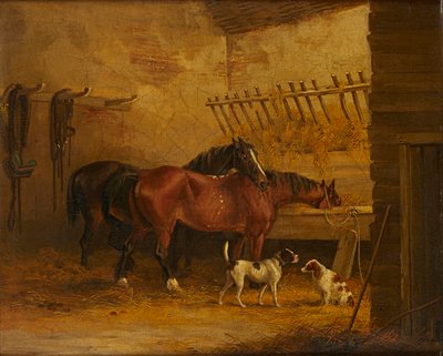 Heste og hunde i et staldinteriør (olie på lærred) af John Frederick Jr. (attr.to) Herring