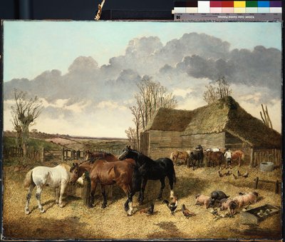Heste spiser fra en krybbe, med grise og høns i en gård af John Frederick Herring Junior