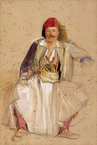 A Corfiote Warrior, Siddende (akvarel over blyant på råhvidt papir) af John Frederick Lewis