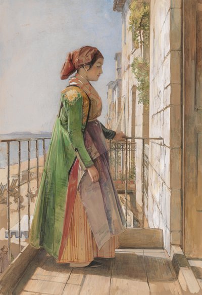 En græsk pige, der står på en balkon af John Frederick Lewis