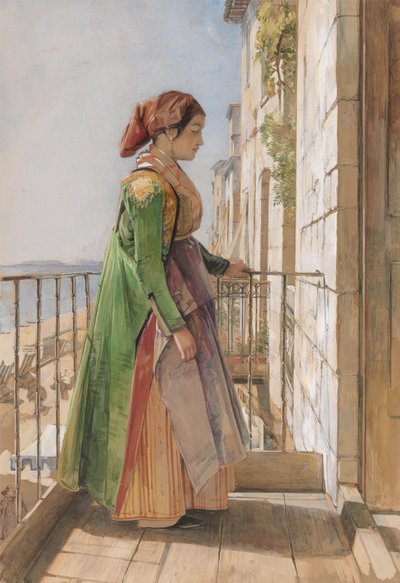 En græsk pige står på en balkon af John Frederick Lewis